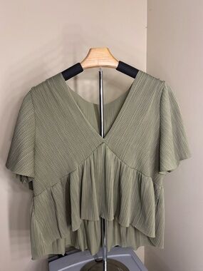 SHEIN Olive Green Pleated Ruffle V-Neck Blouse